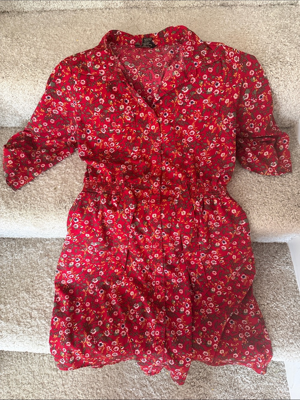 Women's Red Floral Button-Front Mini Dress